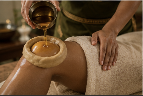 Janu Basti knee oil retention therapy